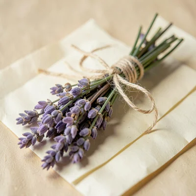 hand-tied posy of dried sea-lavender stems in soft lilac tones wrapped with cott