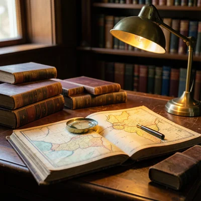 A reading desk with an open atlas showing a hand-colored map, a magnifying glass