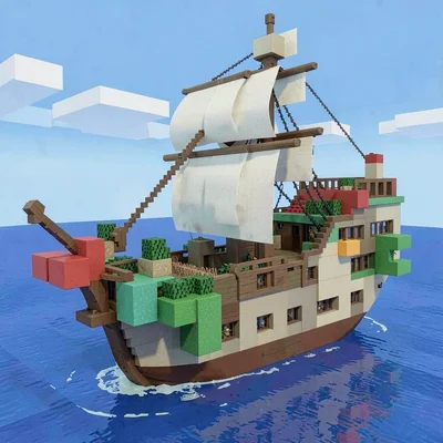 Voxel 3D illustration, blocky pirate ship on ocean , cubic voxel construction, b