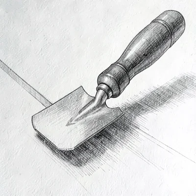 Pen-and-ink rendering of a notched plaster trowel pulling a smooth surface, dime