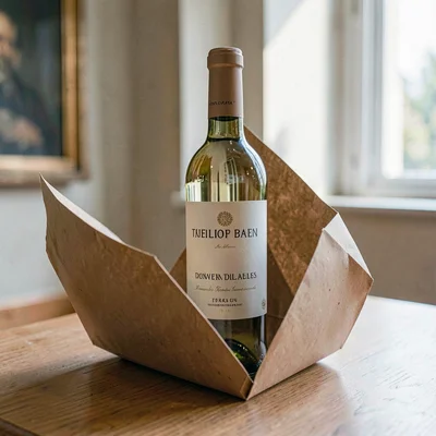 Folded kraft wine sleeve unfurling around a paper bottle prop, soft museum dayli