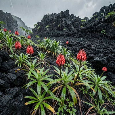 Stark black volcanic surfaces against verdant green, Ginger flowers growing wild