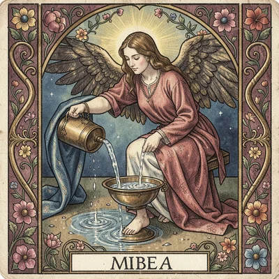 Tarot card illustration, Temperance angel pouring water between cups, one foot i