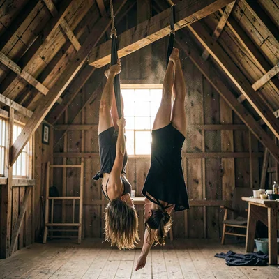 Lamplit portrait of two aerial silks dropping from a wooden beam in a converted 
