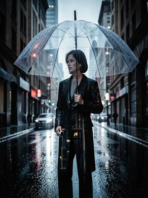 Umbrella silhouette filled with rain-soaked city street reflections, double expo