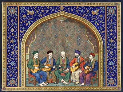 Musicians seated in an arched niche with ornamental patterned textile wall