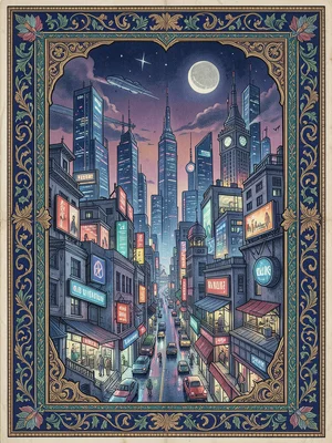 Mughal miniature painting style but depicting cyberpunk city, traditional framin