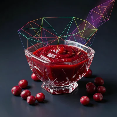 Cranberry sauce in crystal dish, fresh cranberries scattered around