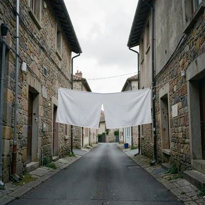 Quiet small town photography, contemplative scene, A clothesline between two bui