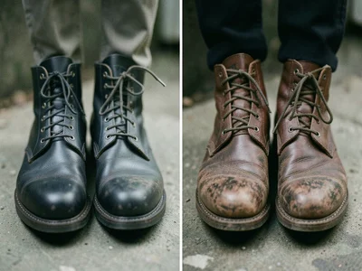 A pair of leather work boots photographed at two life stages side by side — on t