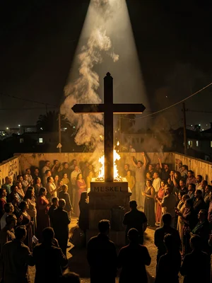 Dramatic light through darkness in Addis Ababa, Ethiopia, Meskel celebration cro