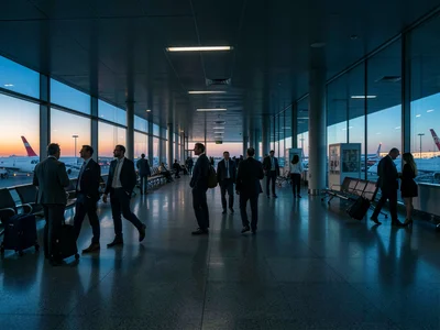 Airport terminal with Monday business travelers beginning to appear, golden hour