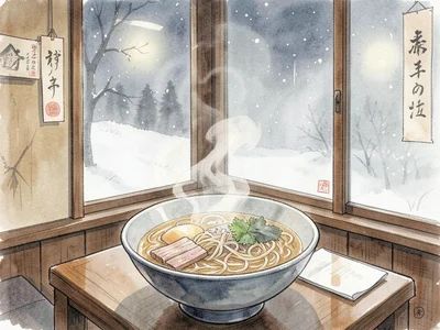 Steaming bowl of ramen in a cozy Japanese izakaya, winter night through foggy wi