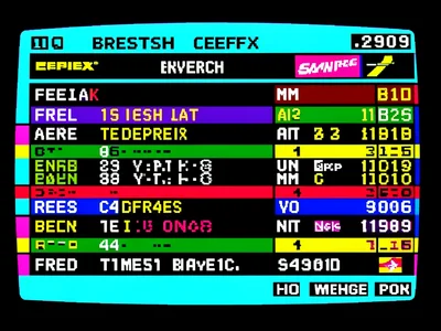 Flight information as teletext departures board, airline logos crude, times bloc