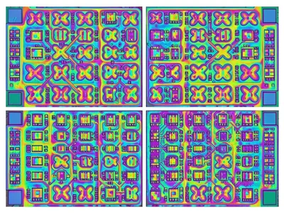 SRAM bit cells in repeating butterfly pattern, six-transistor cells tiling in mi