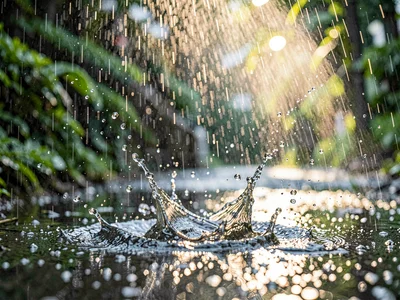 Rain through light beam showing drops