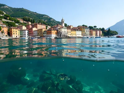 Italian fishing village at water level, above and below surface split shot, clea