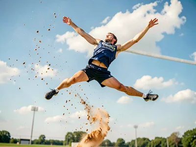 Long jumper at apex of flight, sand grains still rising