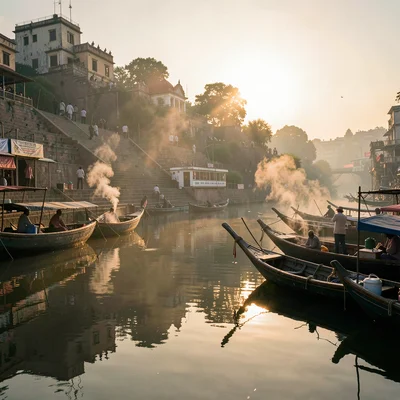 Sacred smoke catching golden Ganges light in Varanasi, Boats moored at dawn, the