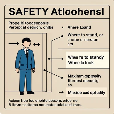 A diagram of proper elevator behavior — where to stand, where to look, maximum o