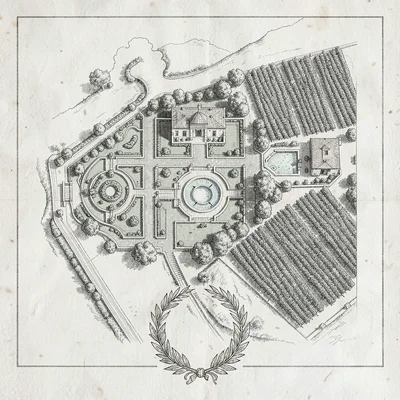 A Roman villa estate plan with the main domus, formal peristyle gardens, a therm
