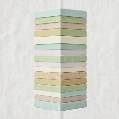 Vertical vector tower of stacked soft rectangles, pistachio and sand layers, fai