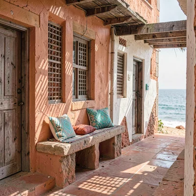 Coastal architecture photograph with Swahili influences, Baraza stone bench buil