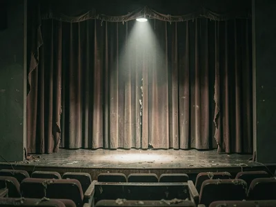 Theater stage with torn velvet curtain, seats decaying, single spotlight still s