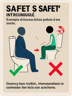 A figure demonstrating correct posture for sitting on a toilet, with green check
