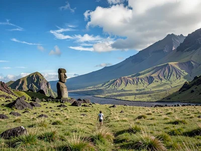 Edge-of-world isolation on Rapa Nui, A tiny human figure walking across vast gra