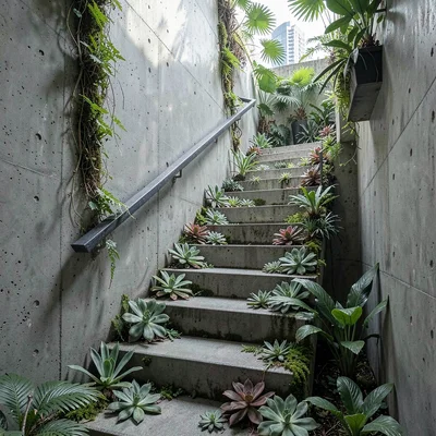 Singapore tropical modernism, green claiming grey, Concrete stairwell with plant