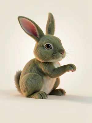 Long-eared hare companion crouched with ears flat back and one paw gently lifted