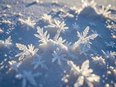 Surface hoar crystals catching low sun on snow surface