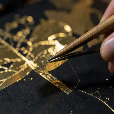Kanazawa gold leaf craft, extreme delicacy, bamboo tweezers holding impossibly t