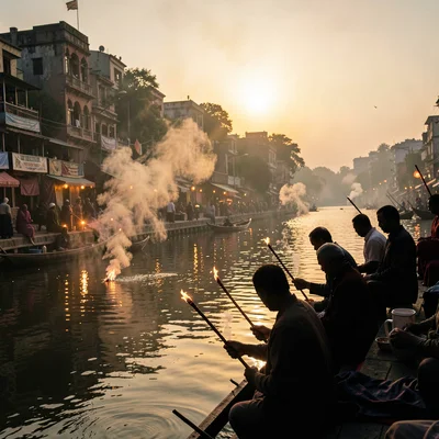 Sacred smoke catching golden Ganges light in Varanasi, Aarti flames reflected in