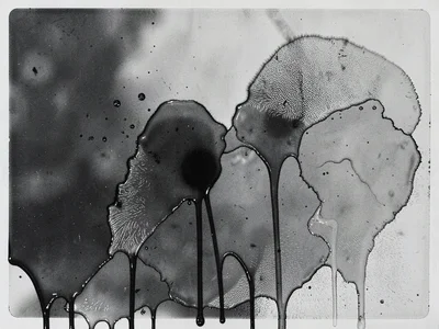 A large-format chemigram — resist dripped and spread, spontaneous tonal variatio