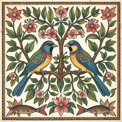 Two parrots on a flowering branch — symmetrical mirror pose, dense leaf clusters