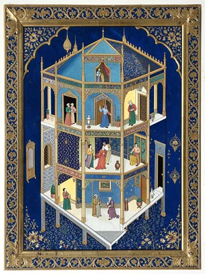 Architectural cross-section of a multi-storey palace interior with figures
