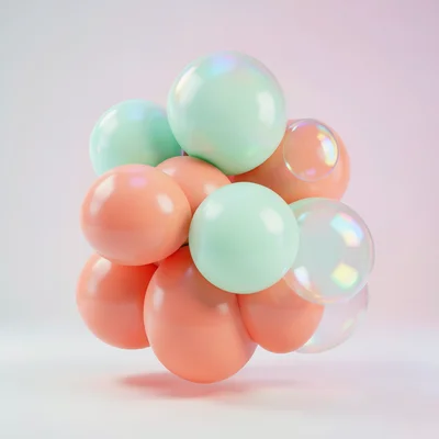 A cluster of organic bubble forms in mint green and coral, subsurface scattering