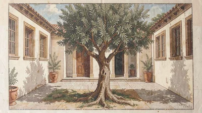 Fresco-style illustration, olive tree in courtyard , painted into wet plaster, p
