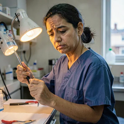 A weary Pakistani-British junior doctor in her thirties scrubbing in, lamp warmt