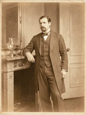 A Victorian man standing at a mantelpiece, formal suit, hand resting on top