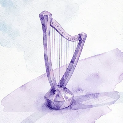 Amethyst lowpoly harp with a tall curved frame and faceted strings dropping soft