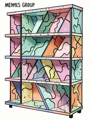 Bookshelf Carlton inspired, zigzag shelves, terrazzo dividers, asymmetric silhou