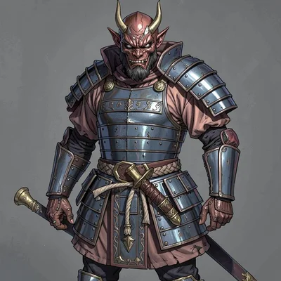 Fantasy armor illustration, a samurai o-yoroi with layered plates, oni mask, and
