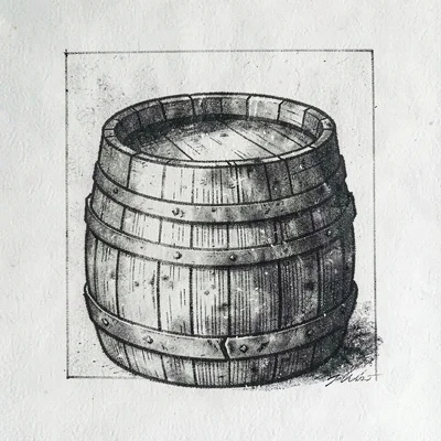 Riso vignette of a wooden mead barrel with stacked layers of muted ink, grainy t