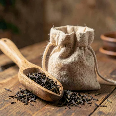warm still-life of a small cloth bag of tea blend with a wooden scoop