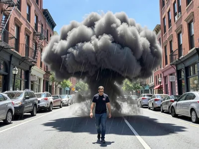 Anxiety cloud — dense, dark personal rain cloud following one person on sunny st