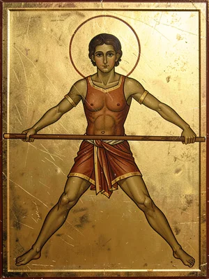 Athlete in discus-throw stance, garment in gold-outlined flat planes