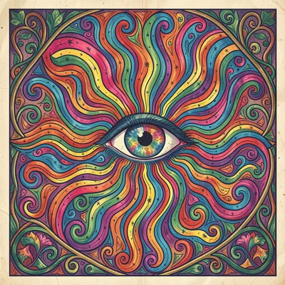 Psychedelic poster illustration, an eye radiating colorful hypnotic waves , vibr